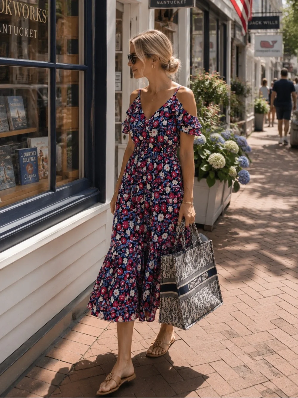 Kate Spade Navy Floral Cold Shoulder Ruffle Midi Dress - Sz 2